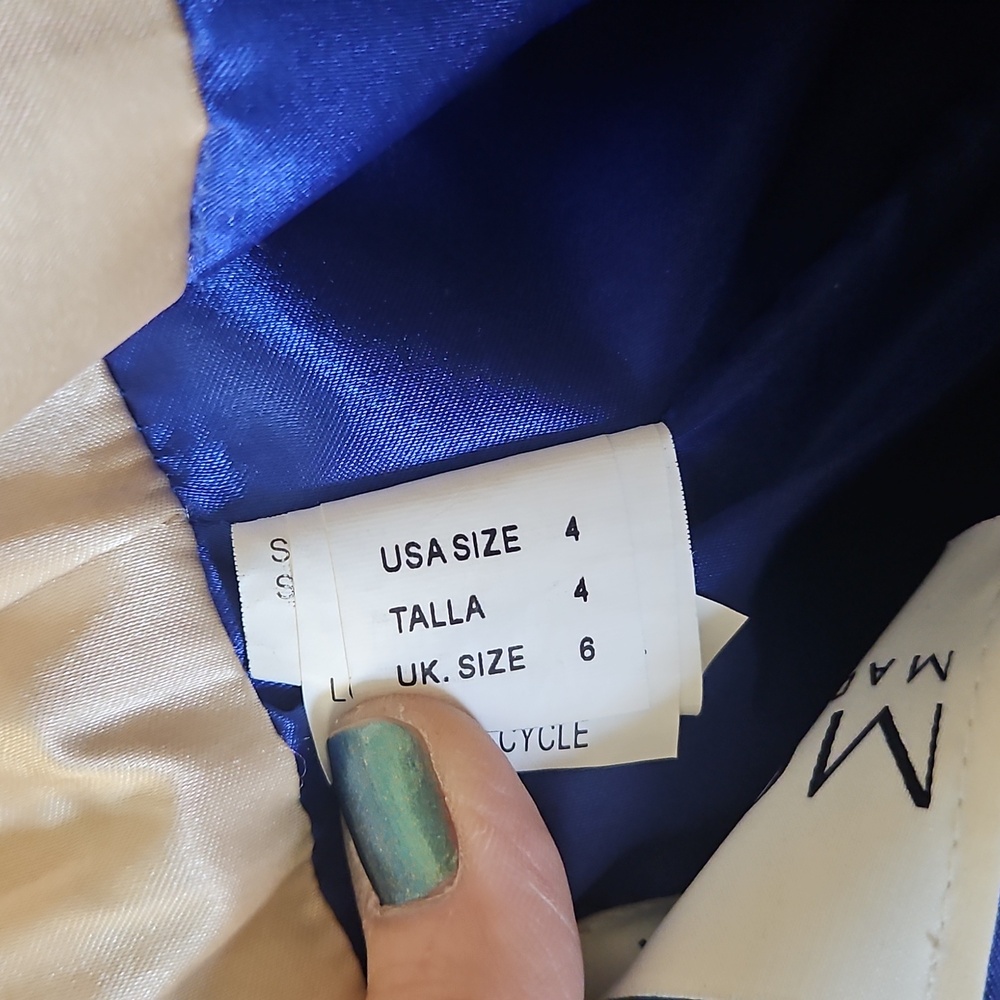 Size 4 royal blue prom/evening gown w/ cold shoulders & long sleeves, beaded top - Picture 12 of 16